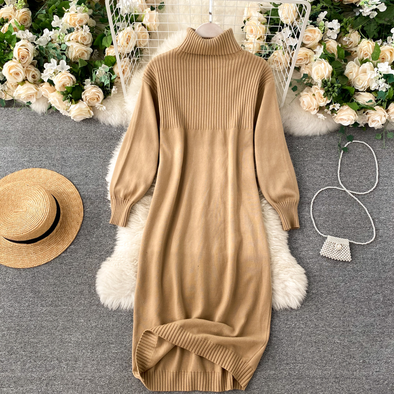 2021 New women's High knitted collar Dressed puff Loose dress elastic fall F09N, Khaki.
2021 New women's High knitted collar Dressed puff Loose dress elastic fall F09N, Khaki.