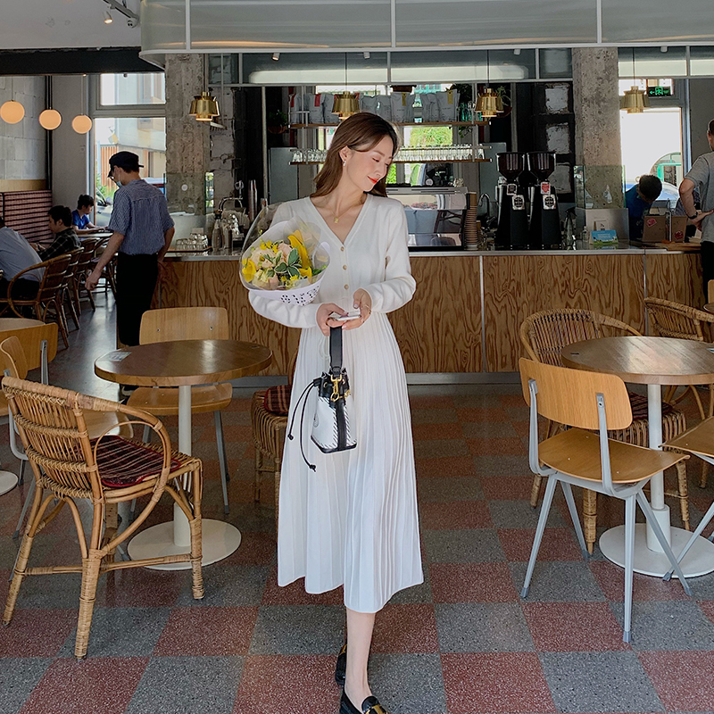 Midi Sweater Dress Women Casual Long Sleeve V-neck Elegant Office Knitted Dress Female One-piece Dress Korean Autumn Winter 201110