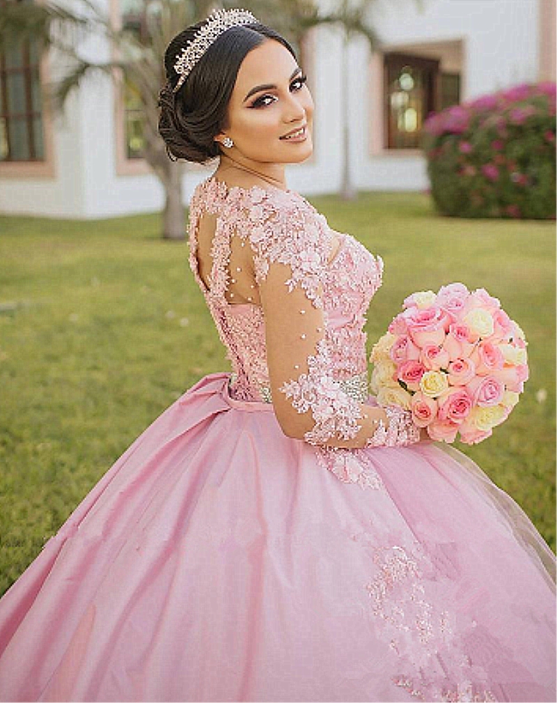 Pink Sweet 16 Quinceanera Dresses 2022 Ball Gown Vintage Lace Pearls Long Sleeves 3D Floral Vestidos 15 Anos Plus Size Pageant Prom Gowns Masquerade D
