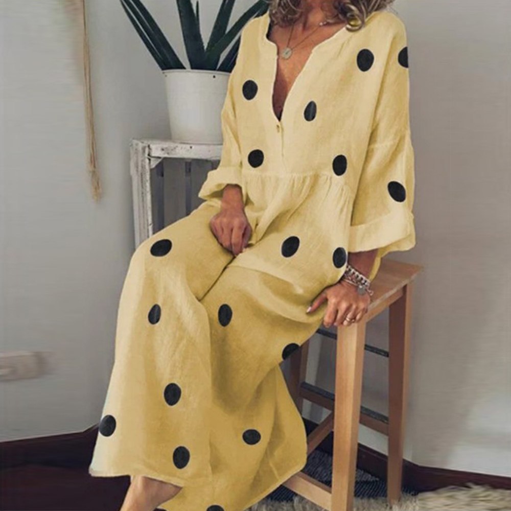 Polka Dot Maxi Dress VNeck Long Sleeve Casual Boho Beach Plus Size Women Fashion Elegant Button Down Loose Office Dress T200604