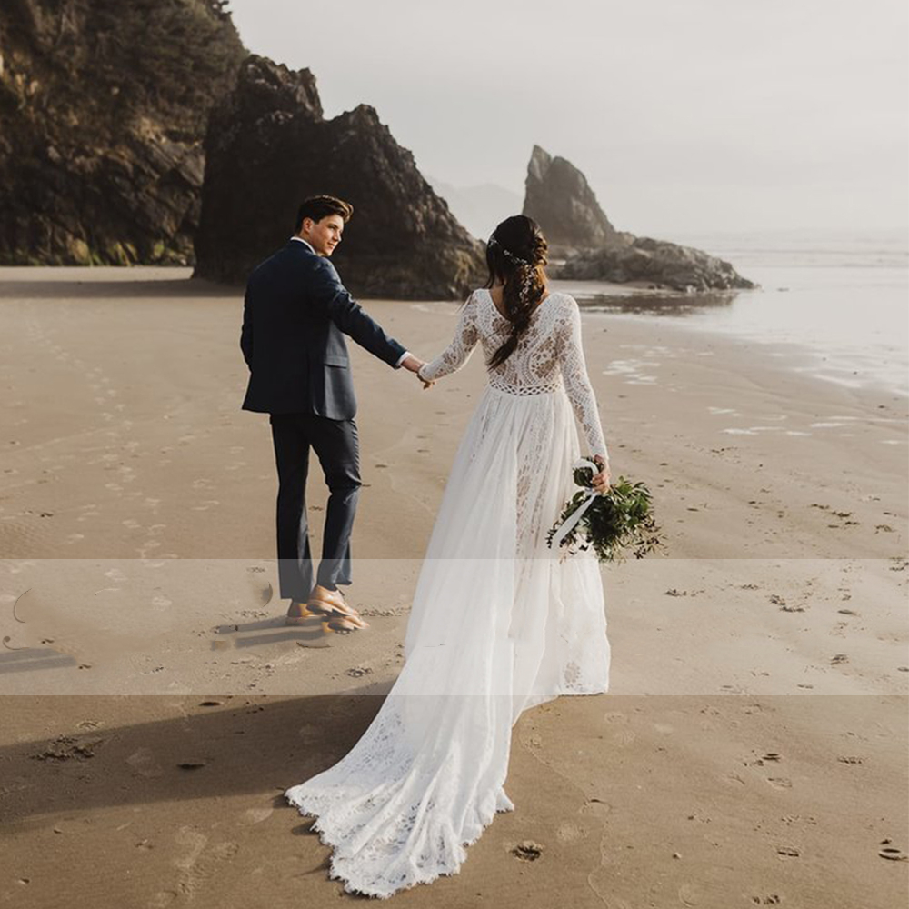 Spring Autumn Long Sleeves Beach Wedding Dresses V Neck A e Lace Chiffon Bridal Gowns Train Mariage Country Boho Bohemian Bride Dress