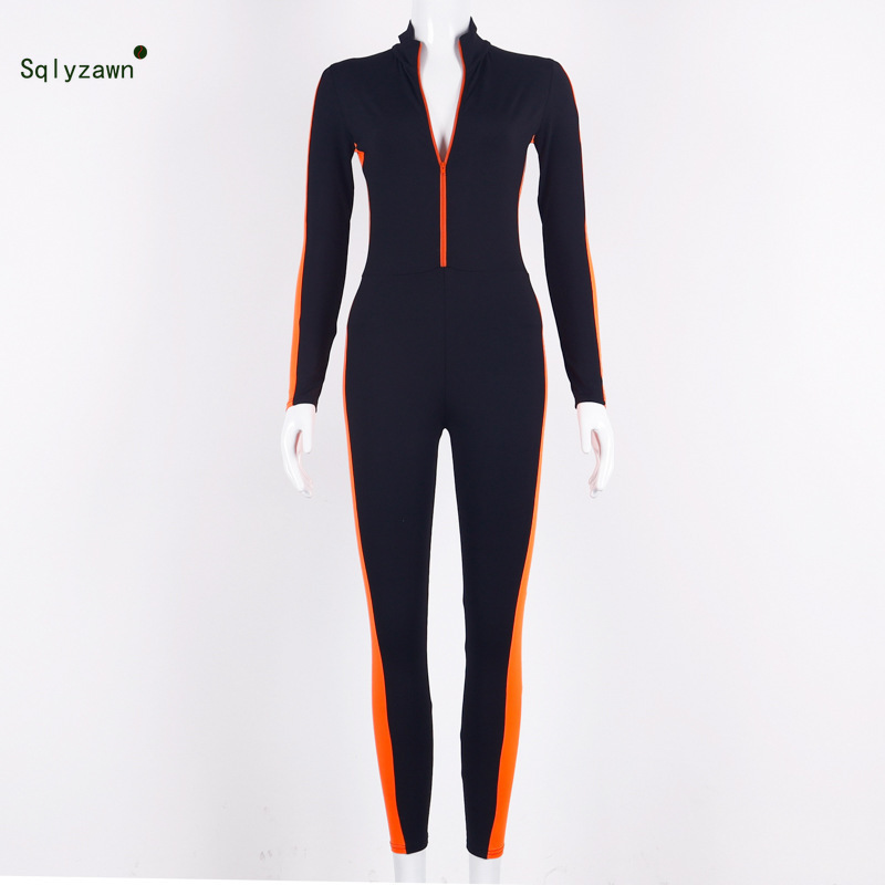 Autumn Long Sleeve Neon Orange Green Stripe Bodycon Jumpsuit Women Sexy Black Zipper Romper Gothic Fall Glitter Overall Bodysuit 201007