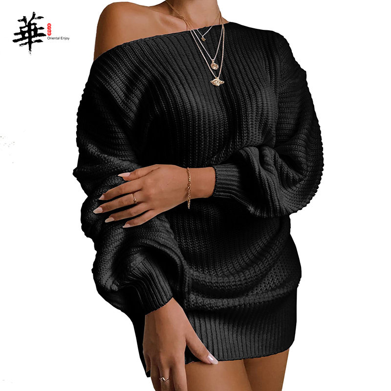 Knitted Sweater Dress White Long Sleeve Dress Winter Fall Women Clothing Lantern Woman Sexy Mini 201029