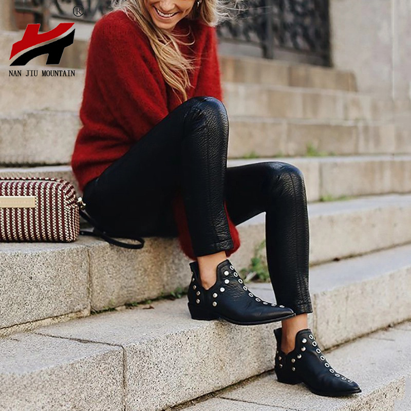 women bootsNAN JIU MOUNTAIN Studs Ankle Boots Spring And Autumn Single Shoes Flat Shoes Fashion Handsome Pointed Women's Shoes Plus Size
