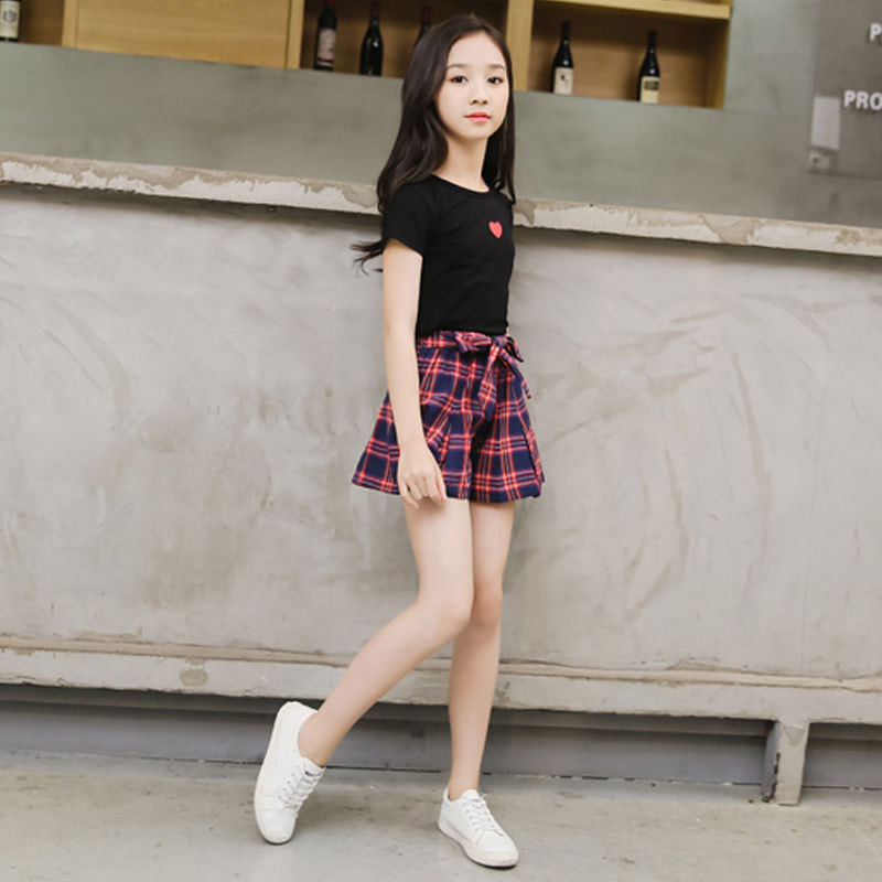 Summer Baby Clothes Set for Girl T-shirt+shorts 2pc Suit Children Short Sleeve Kids Plaid Skirts Girls ClothingX1019