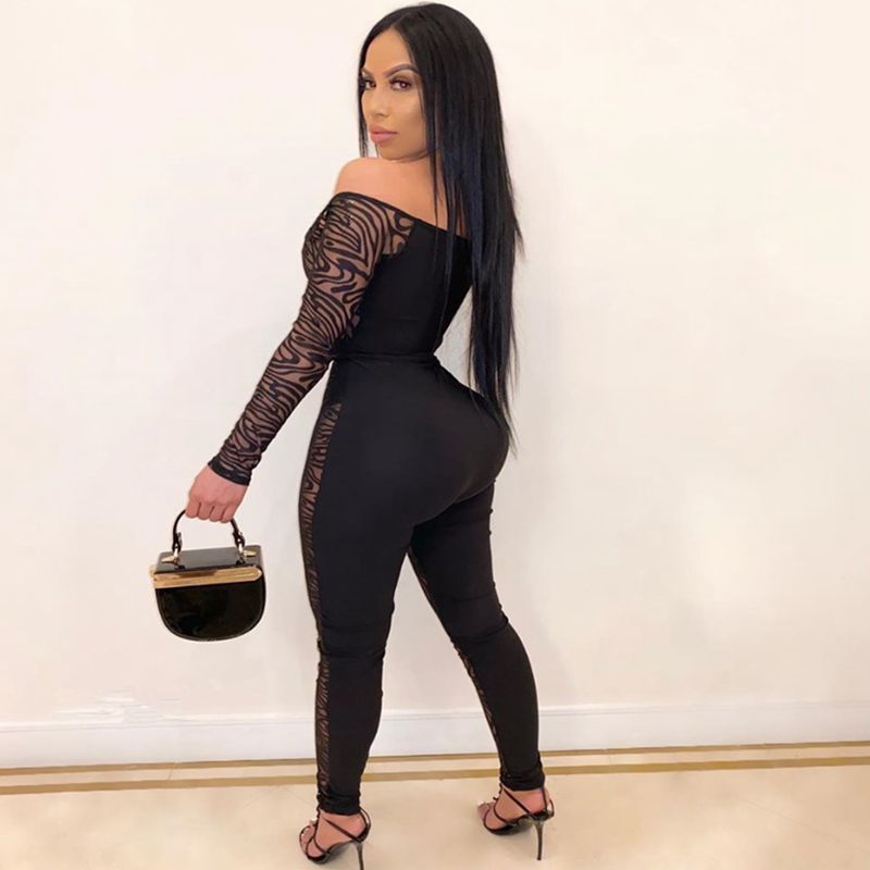 HAOYUAN Sexy Zebra Black Mesh Sheer Jumpsuit Women Club Outfits Transparent Off Shoulder Long Sleeve Bodycon Rompers Overalls T200509