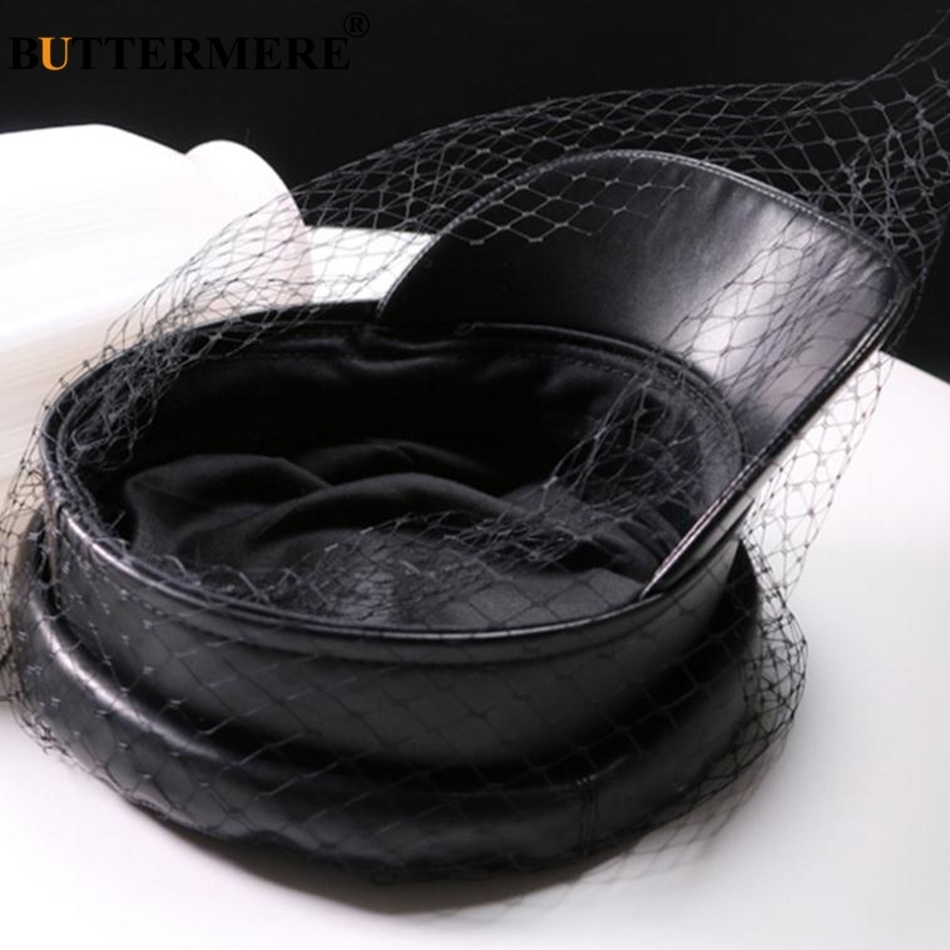 BUTTERMERE Leather Military Cap Women Black Captain Hat With Veil Elegant Solid Fiddler Cap Ivy Female Autumn Casual Sailor Caps Y