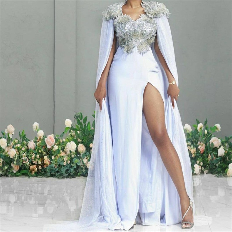 Real Image Mermaid Evening Dresses With Wrap 3D Floral Appliqued Lace Prom Dresses Custom Made Side Split Robes De Mariée