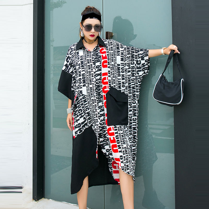 XITAO Plus Size Irregular Blouse Fashion New Women Pocket Summer Elegant Goddess Fan Split Casual Print Letter DMY5036 201126
