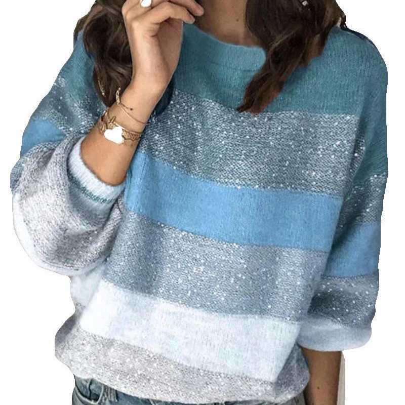European and American Women's Fall/winter New Loose Round Neck Multicolor Stitching Sweater Top 201023