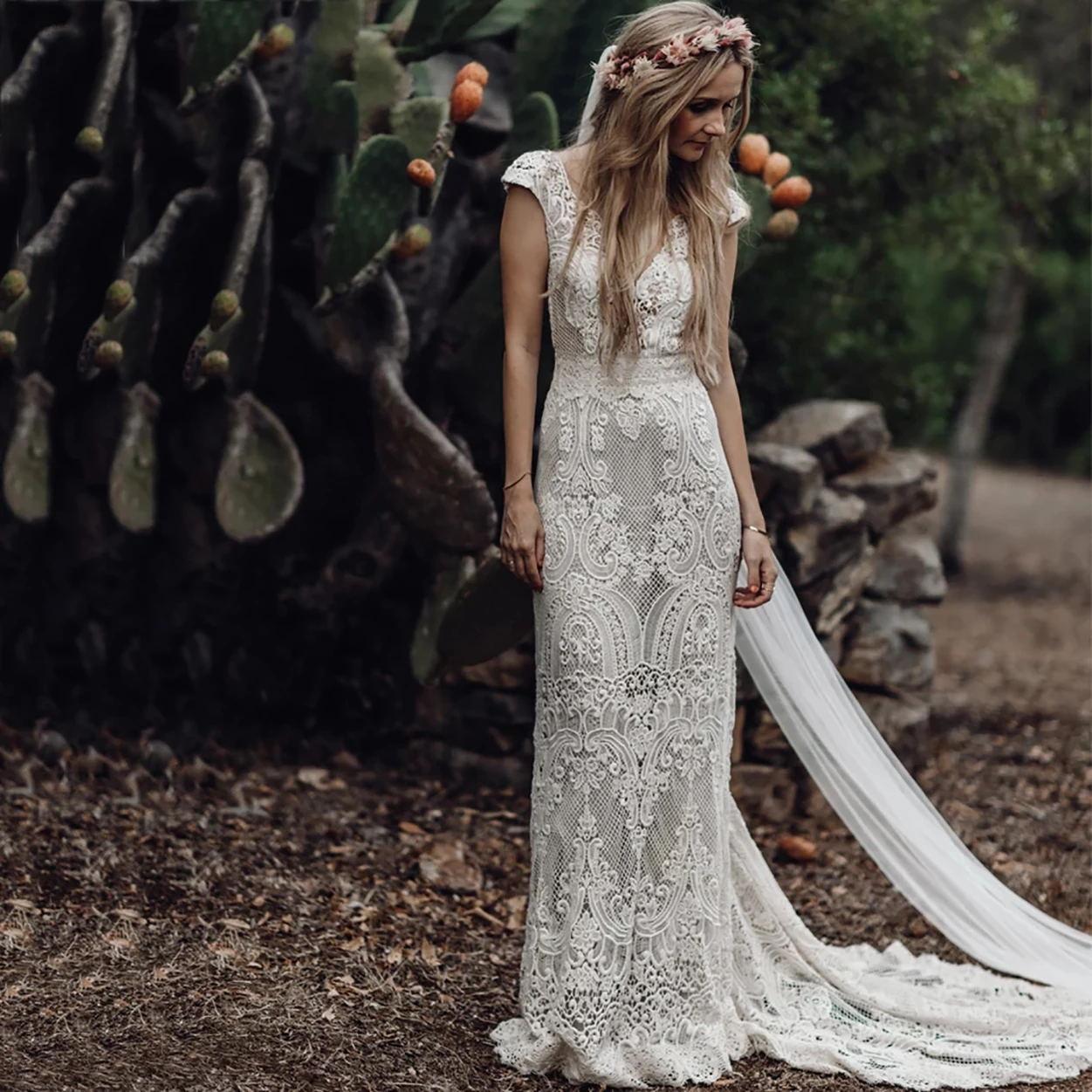 Bohemian pastrol Wedding Dress Cap Sleeve V Neck Crochet Cotton Lace Country mermaid Backless bridal gowns abito sposa pizzo