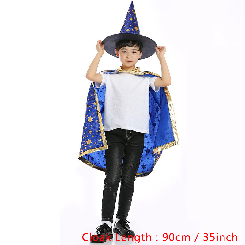 2pcs/set Halloween Cape Cloak Hood+Witch Hats Children Performer Magician Wizard Hot Stamping Five Star Cloak Cape Poncho Hat Set