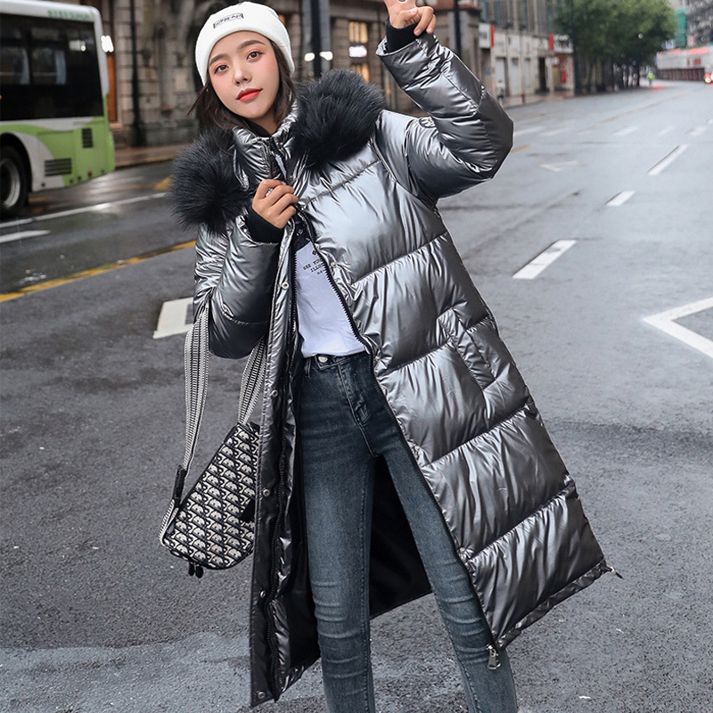 Women X-Long Plus Size Coat Parkas Female Winter Warm Thicke Hooded Fur Cotton Padded Coats Solid Casual Silver Down Jacket 201027