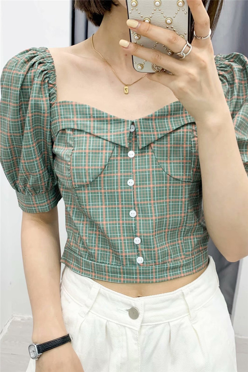 2021 Sexy New Summer Green Plaid Shirts Short Sleek Women Puff Sleeves Cut Women's Tops Retro Vintage Blouse Sweet JYIR
2021 Sexy New Summer Green Plaid Shirts Short Sleek Women Puff Sleeves Cut Women's Tops Retro Vintage Blouse Sweet JYIR