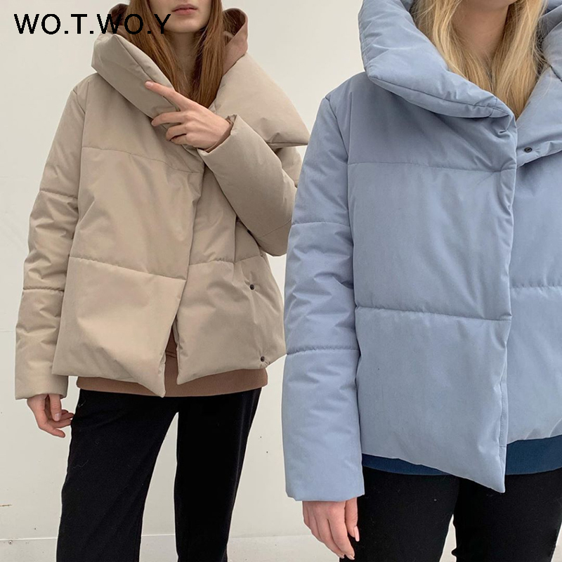 WOTWOY Oversized Cropped Winter Jacket Women Windbreaker Cotton-Padded Parkas Women Solid Casual Thick Jackets Female Outerwear 201029