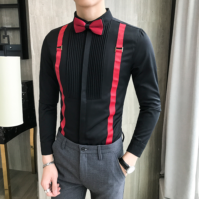 Men's Tuxedo Shirt and Bow-tie Chest Pleated Strap Long Sleeve Slim Fit Prom Dress Blouse Black Red White Man Wedding Social Tops