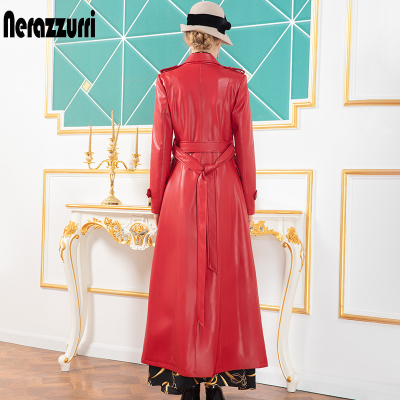 Nerazzurri Red long leather trench coat for women long sleeve sashes lapel Maxi soft rain coat women British style leather coats 201226