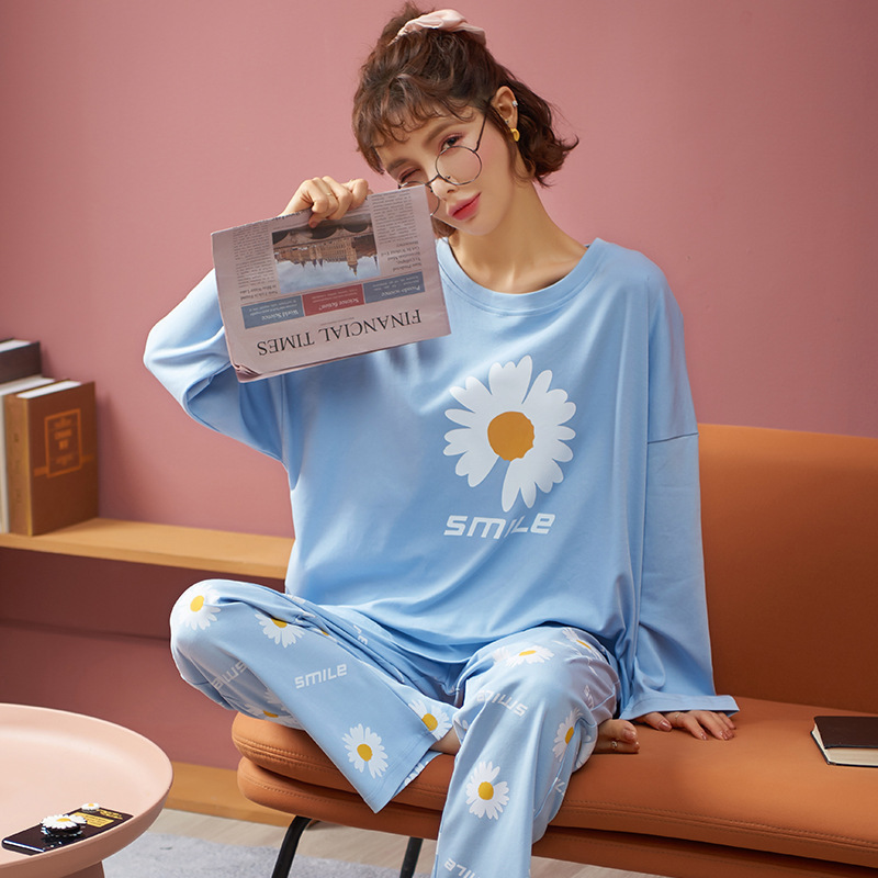 NIGHTWA Women Pajamas Set Autumn Cartoon daisy Printed Long Sleeve Cute Sleepwear Casual Homewear Female Pyjamas Night suit 201113