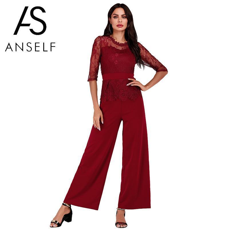 Lace Jumpsuit Women Rompers 2019 Summer Elegant Ladies Office Work Wear overalls for Women Wide Leg Playsuit Tracksuit Long Pant T200107