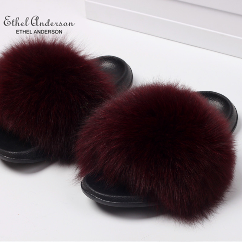 ETHEL ANDERSON Real Fox Raccoon Fur Slippers Slides Lady Retro Summer Flip Flops Casual Fluffy Fur Sandals Plush Shoes LJ200903