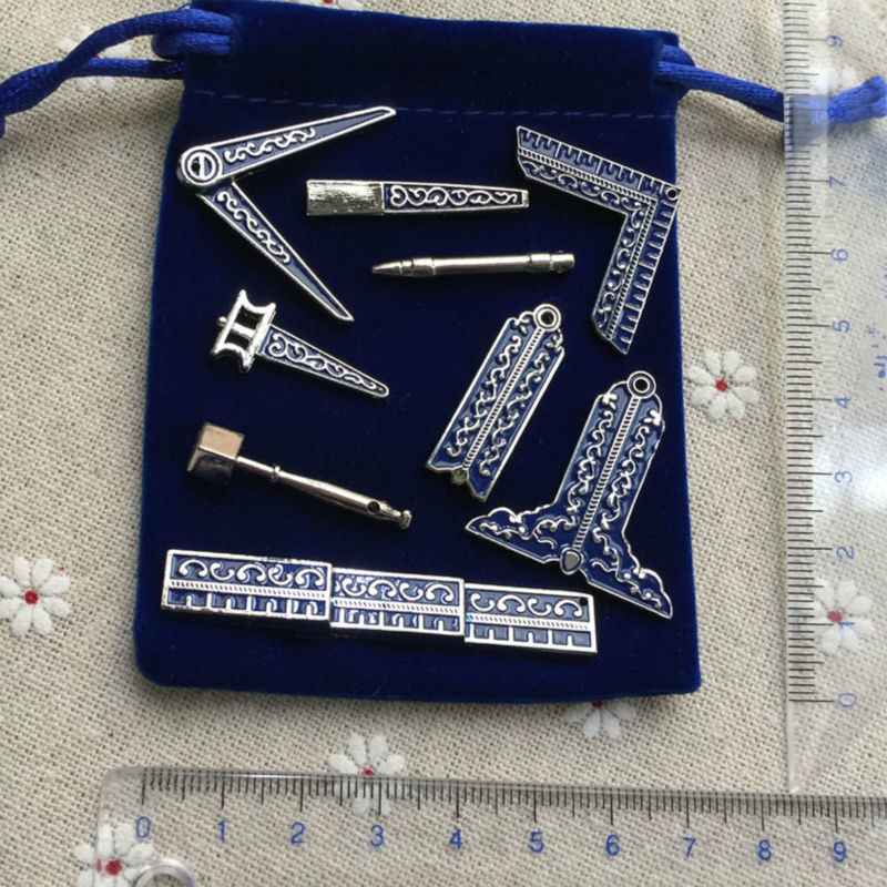 Small Size 9 Different Masonic Working Tools Classic Miniature Freemason Brooch Gifts Fine Craft Work for Masons with Cloth Bag 201009