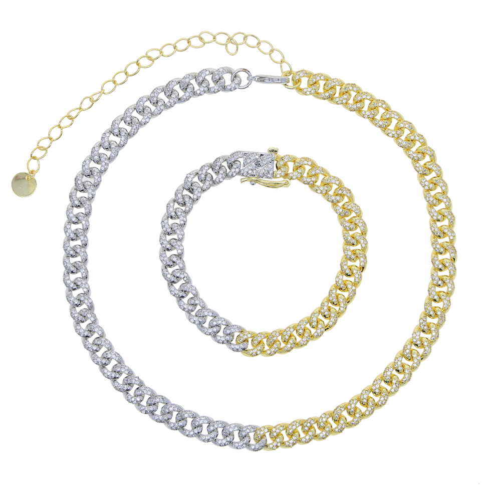 New Arrival Silver Gold Color Two Tone Cuban Chain Micro Pave 5A Clear CZ 7mm Width Miami Cuban Link Chain Choker Women Necklace