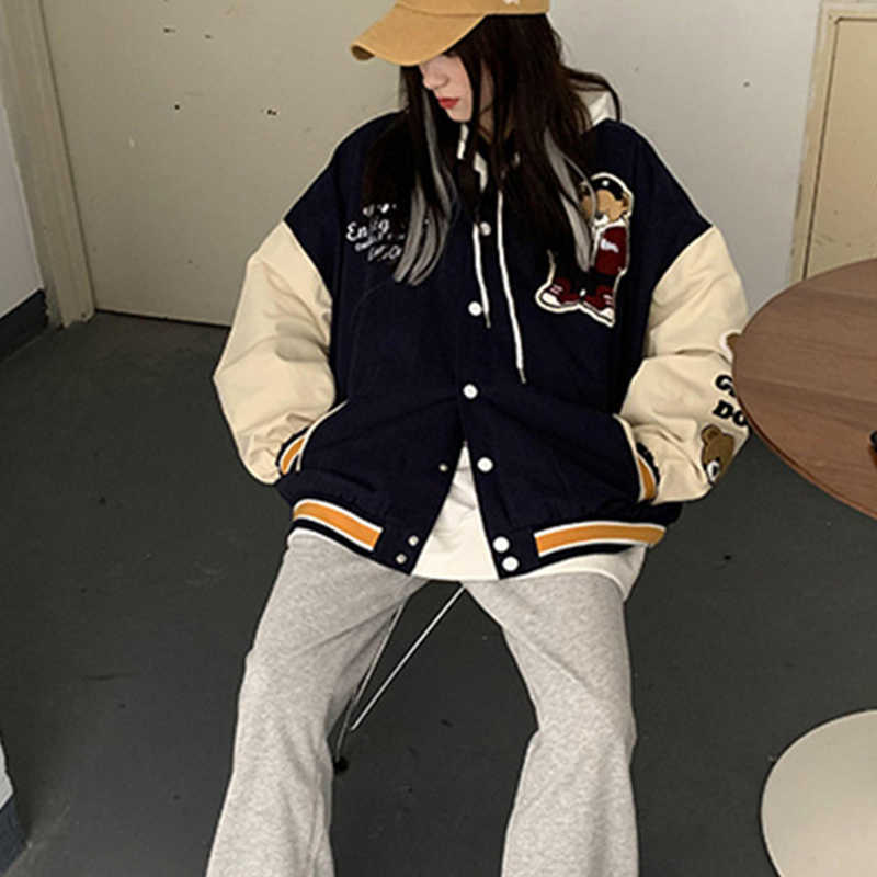 Vintage Bear Letters Baseball Jacket Coat Women Oversized Outerwear Harajuku Korean Style Loose Jacket Students Girls 220118