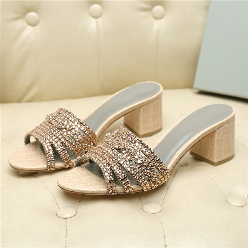 Slipper Crystal Diamond Square Heel Shoes Woman Sexy Stone Grain Gladiator Mules For Women Plus Big Size Y200423