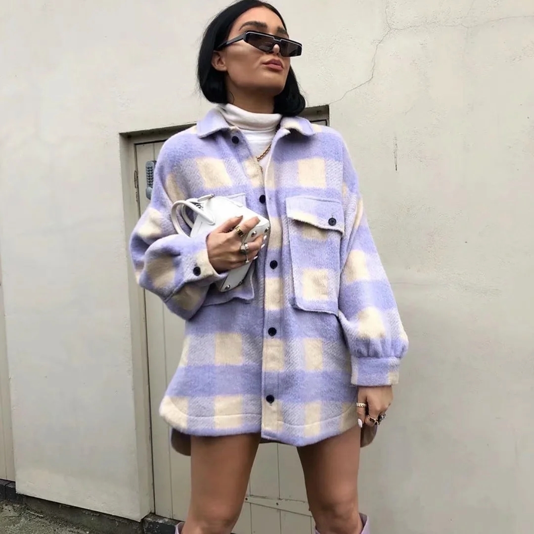 Fashion purple plaid women coats and oversized long sleeve jackets women long woolen jacket casual plaid top female long shirt 201027