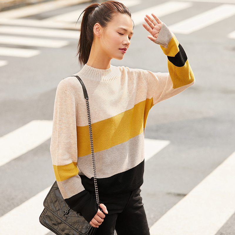 AMII Minimalism Autumn Fashion Women Sweater Olstyle Stripe Turtleneck Loose Women Pullover Causal Female Tops 12040485 201225