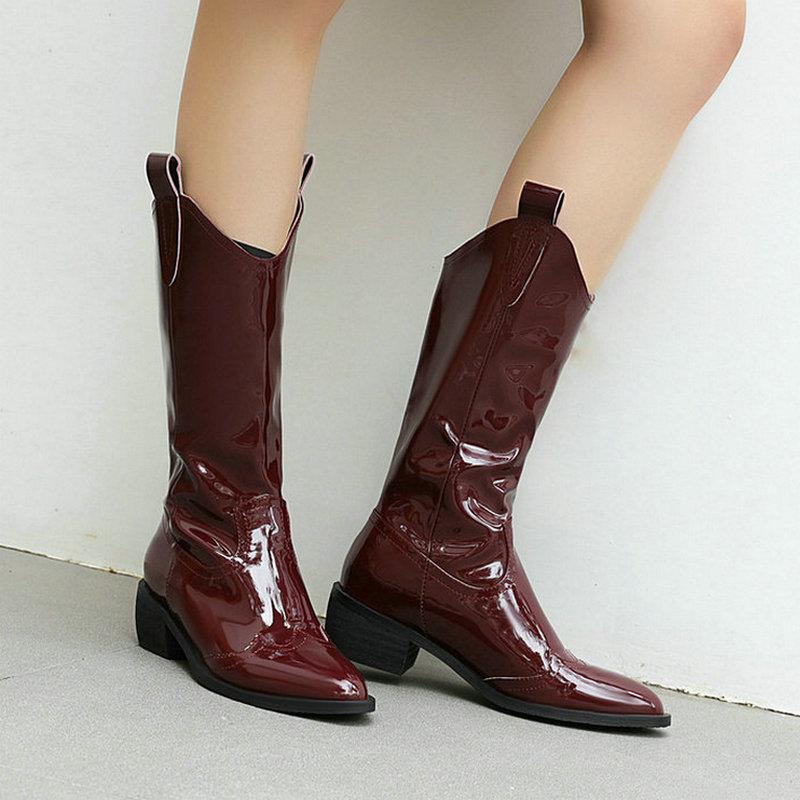 Patent PU Leather Women Western Boots Comfortable Square Heel Pointed Toe Women Mid Calf Boots Black Yellow Wine Red Shoes
Patent PU Leather Women Western Boots Comfortable Square Heel Pointed Toe Women Mid Calf Boots Black Yellow Wine Red Shoes