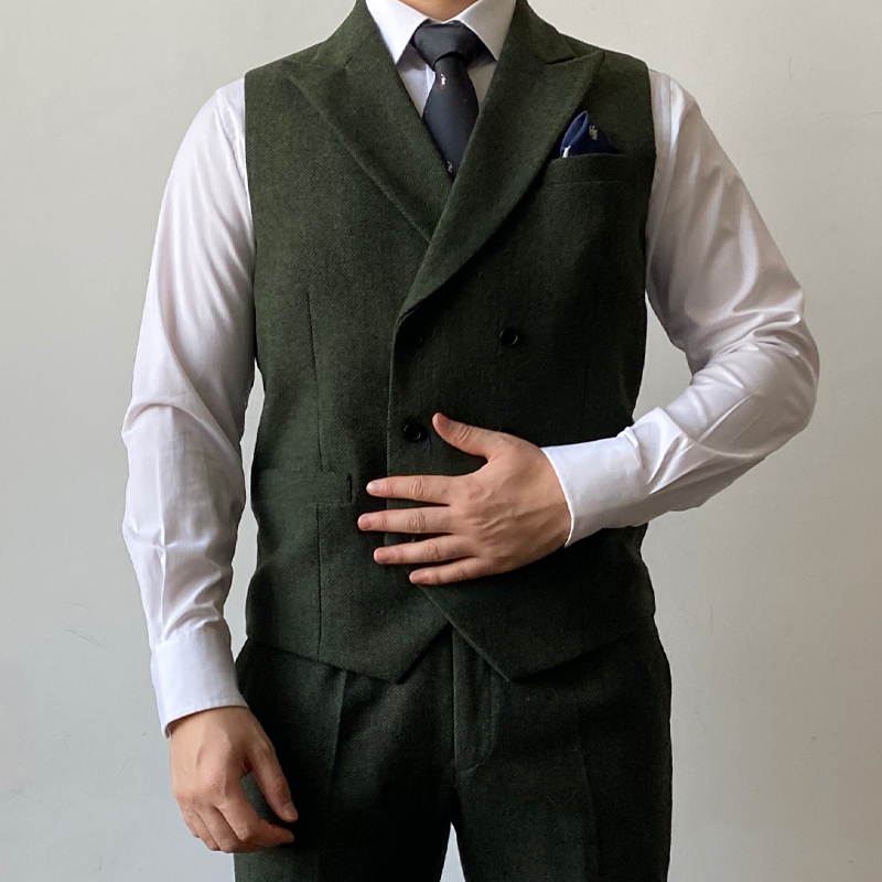 2021 Bristish Green Groom Vests Double Breasted Brown Wool Herringbone Tweed Groomsmen Vest Mens Suit Prom Wedding Waistcoat Dress Attire