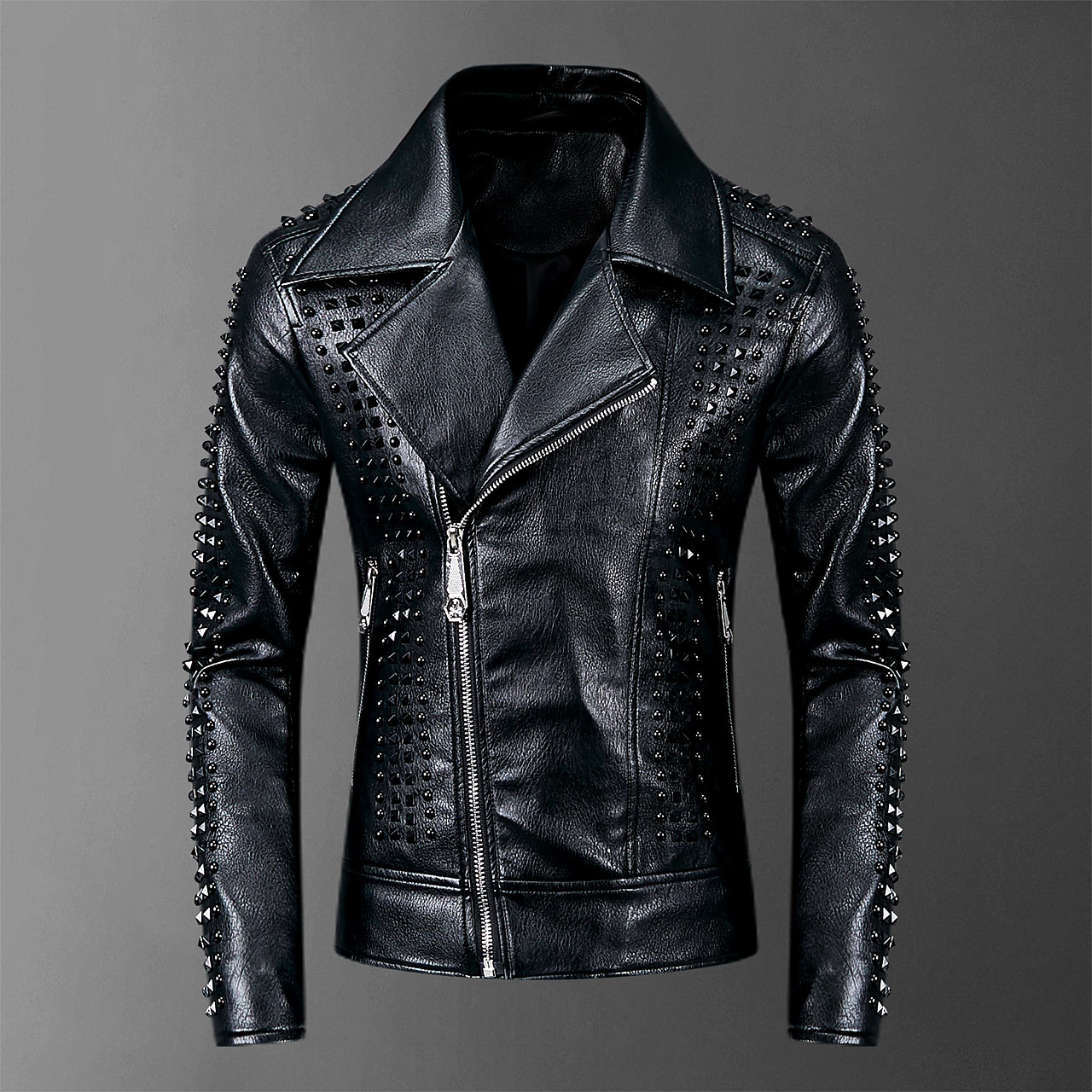 Rivets PU Jackets Men Black Slim Turn-down Neck Zipper Full Streetwear Motorcycle Faux Leather Coats Casacas Para Hombre 201226
Rivets PU Jackets Men Black Slim Turn-down Neck Zipper Full Streetwear Motorcycle Faux Leather Coats Casacas Para Hombre 201226