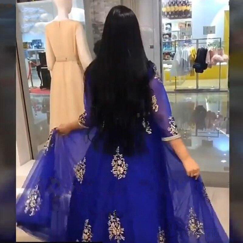 Royal Blue Moroccan Kaftan Prom Dresses 2021 Half Sleeves Appliques Gold Lace Dubai Arabic Muslim Special Occasion Gown Formal Evening Dress