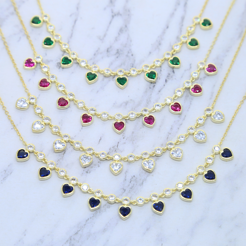 2021 gold metal color red blue green white heart drop charm cz station link chain choker necklace for 2021 valentines day gift