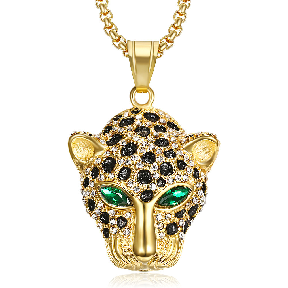 Tide hip hop hiphop jewelry titanium steel gold plated diamond with red and green eyes leopard head pendant necklace GD1238