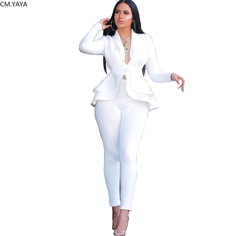 Women Winter Women's set Tracksuit Full Sleeve Ruffles Blazers Pants Suit Two Piece Set Office Lady business wear uniform GL610 201028