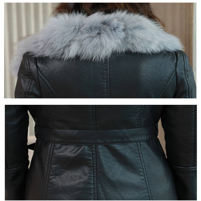 Women's Winter Faux Fur Collar Leather Loose Coats Women's Slim Collect waist plus-size velvet thick Leather jacket 201224