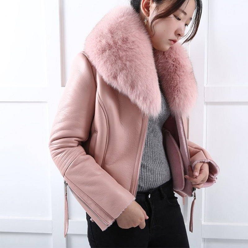 Ly Varey Lin Women Winter Faux Sheepskin Coat Short Faux Lambs Wool Fur Collar Leather jacket Warm Thick Female Zipper Outerwear 201020