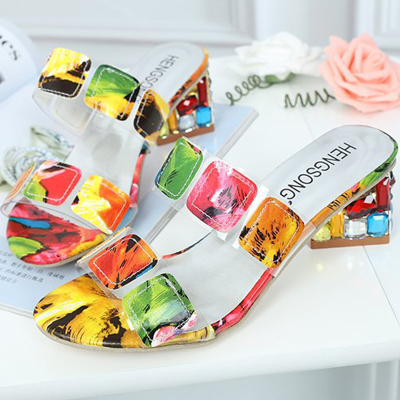 Crystal Women Square Heels Summer Sandals Peep Toe Ladies Multi Colors Wedge Shoes Sandalias de Verano Para Mujer Y200323