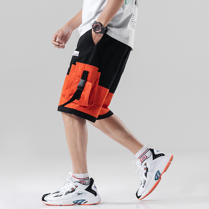 Streetwear Summer Casual Shorts Men Fashion Ribbons Pockets Cargo Shorts Bermuda Knee Length Patchwork Men's Shorts T200512