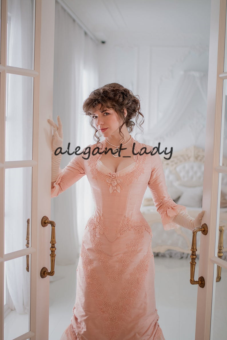 Peach Pink Gothic Prom Occasion Dresses with Long Sleeve 2021 Lace-up Corset Bustle Skirt Silk Victorian Evening Gowns