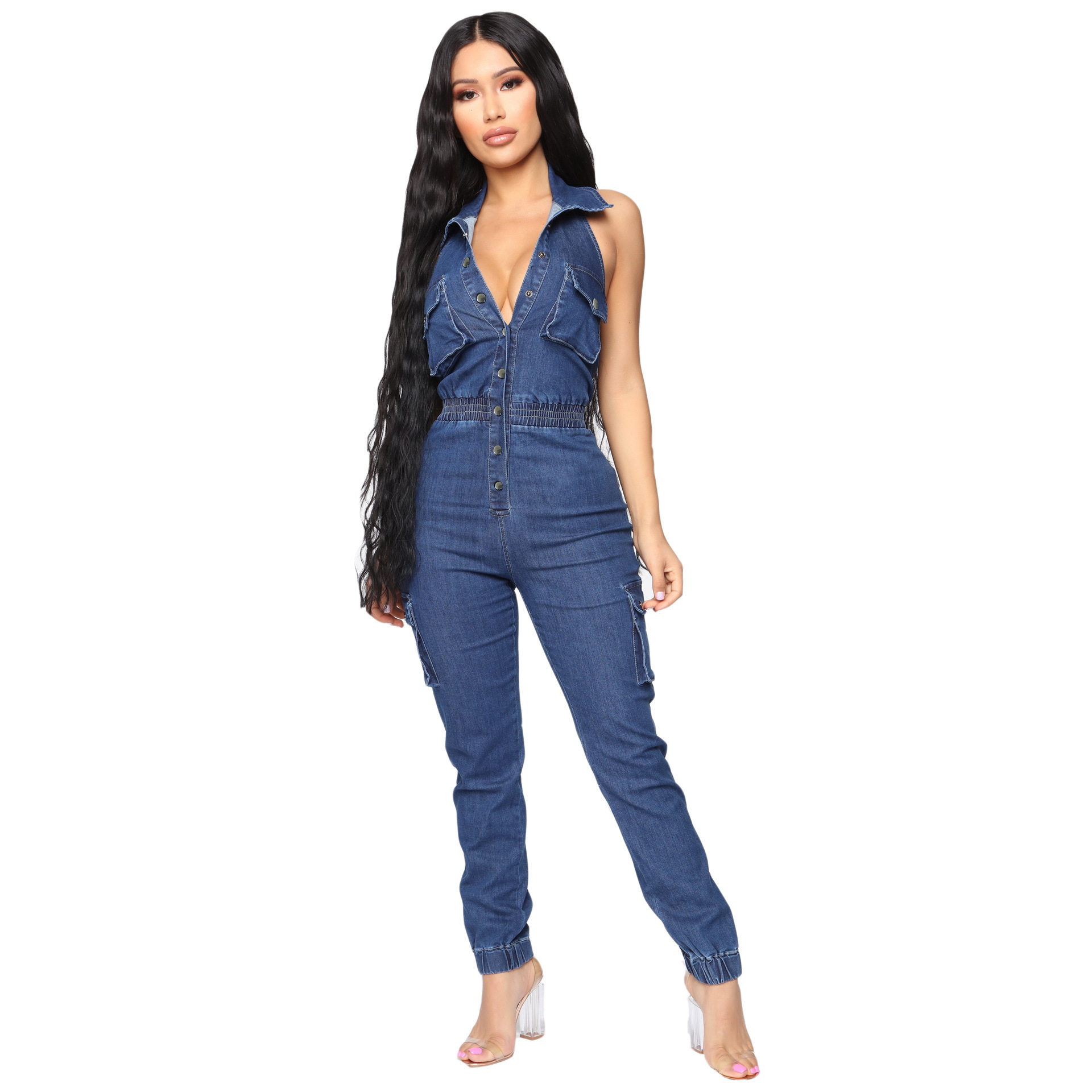 Summer Women's Fashion Casual Backless Sleeveless Denim Jumpsuit Plus Size Jeans High Waisted Overalls 201105