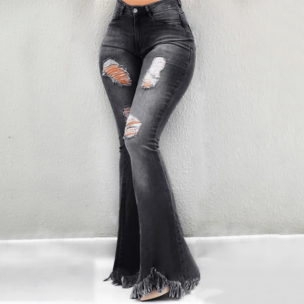 Women Flare Jeans High Waist Fringe Denim Skinny Pants Woman Stretch Jeans Female Wide Leg Jeans Bell Bottoms Clothes 201006