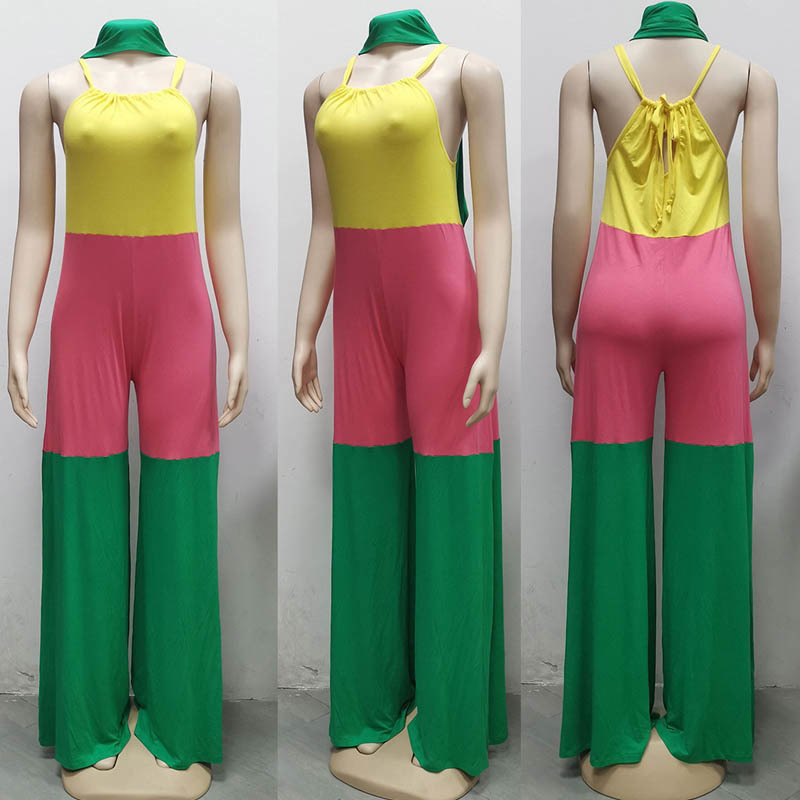 Best selling new women's colorblock jumpsuit urban casual strap summer jumpsuit sexy tight long jumpsuit T200616