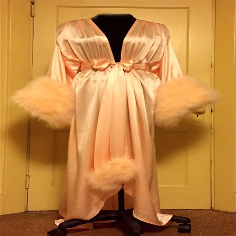 Luxury Feather Wedding Bathrobe Long Sleeves Sleep Wear Floor Length Custom Made Pajamas Silk Satin Wedding Robe Nightgown