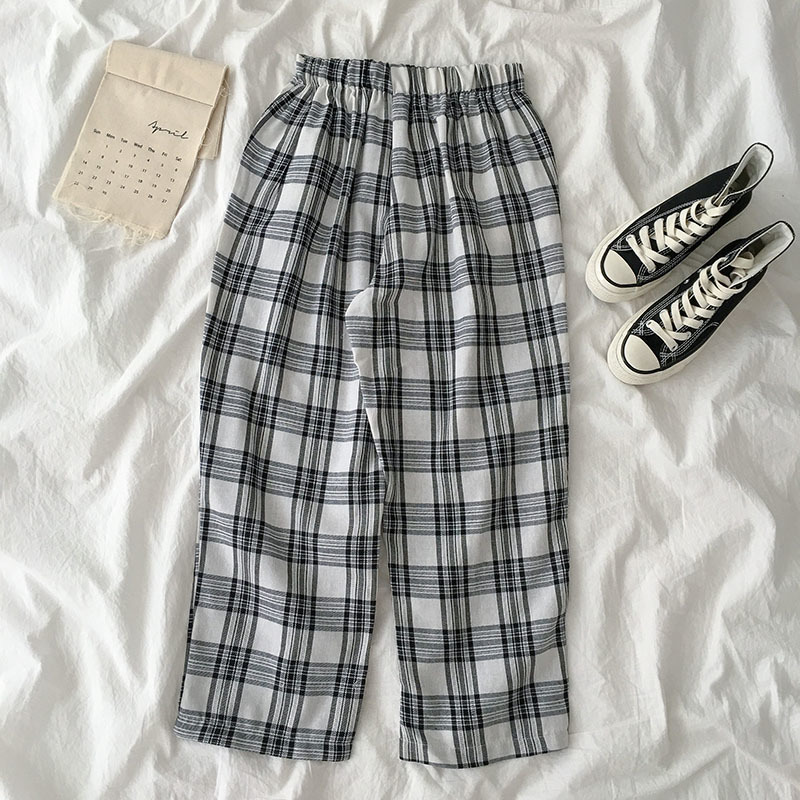 HOUZHOU Style Leg Korean Wide Summer Plaid Fashion Women Checkered Palazzo Pants 201111