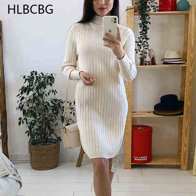HL Chic Long Knit Maxi Women Sweater Dress Thick Warm Winter Pleated Dress Female Rib Turtleneck A Line Dress Office Lady 211221