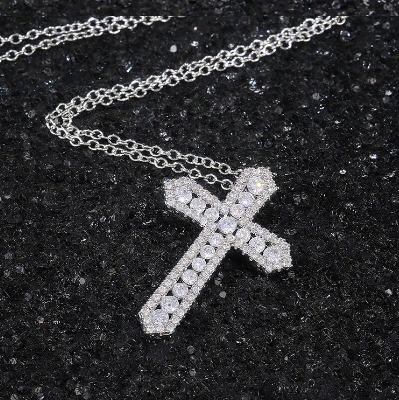 Unique Hip Hop Sterg Sier Cross Pendant Topaz Necklace for Men Women
