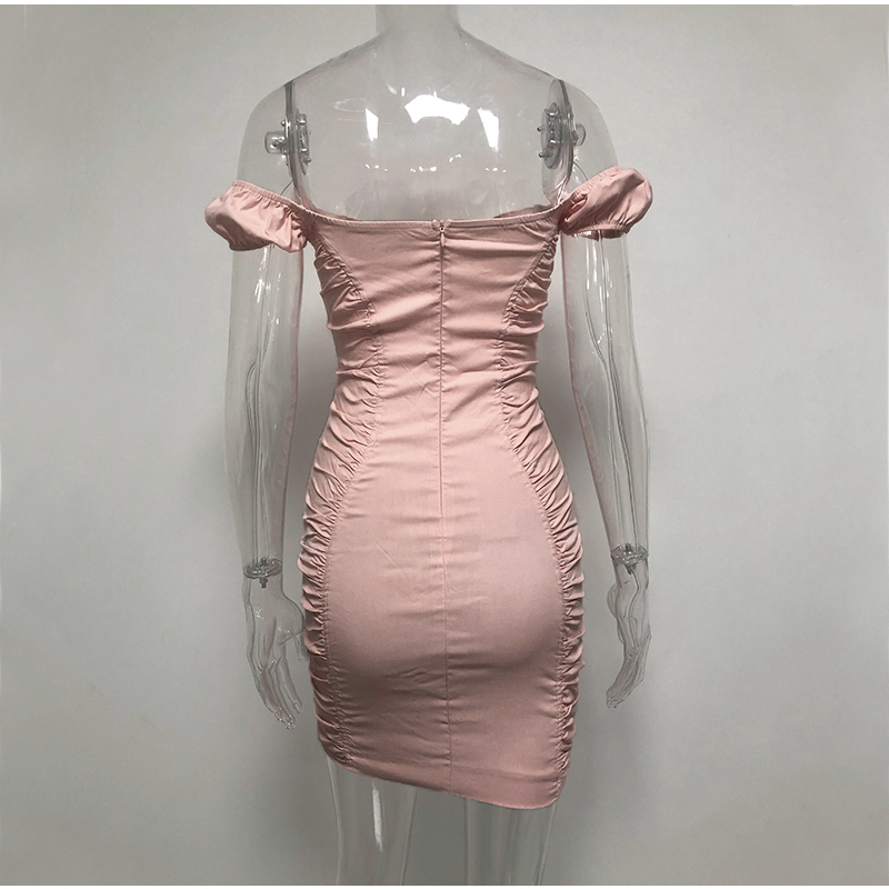 Off-Shoulder Puff Sleeve Sexy Party Dress | Bodycon Ruched Mini Lace-Up Summer Pink Collection T200320 B4